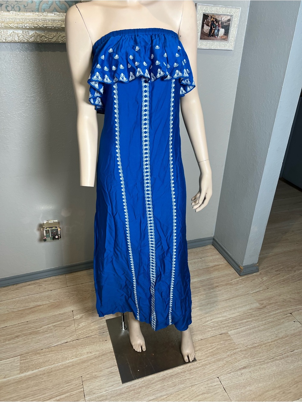 Vineyard Vines Royal Blue Strapless Ruffle Maxi Dress with White Embroidery